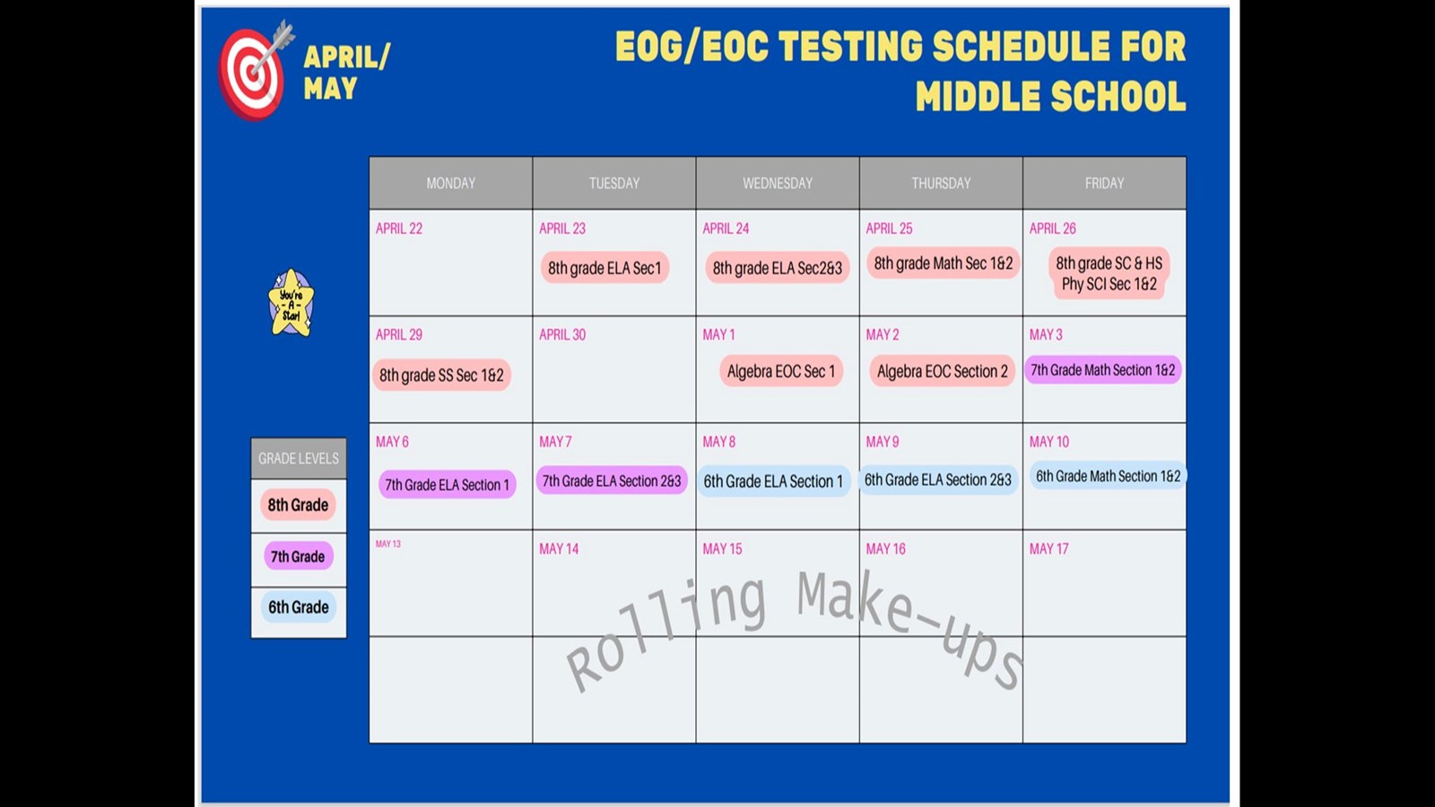 EOG Testing Schedule for Middle School